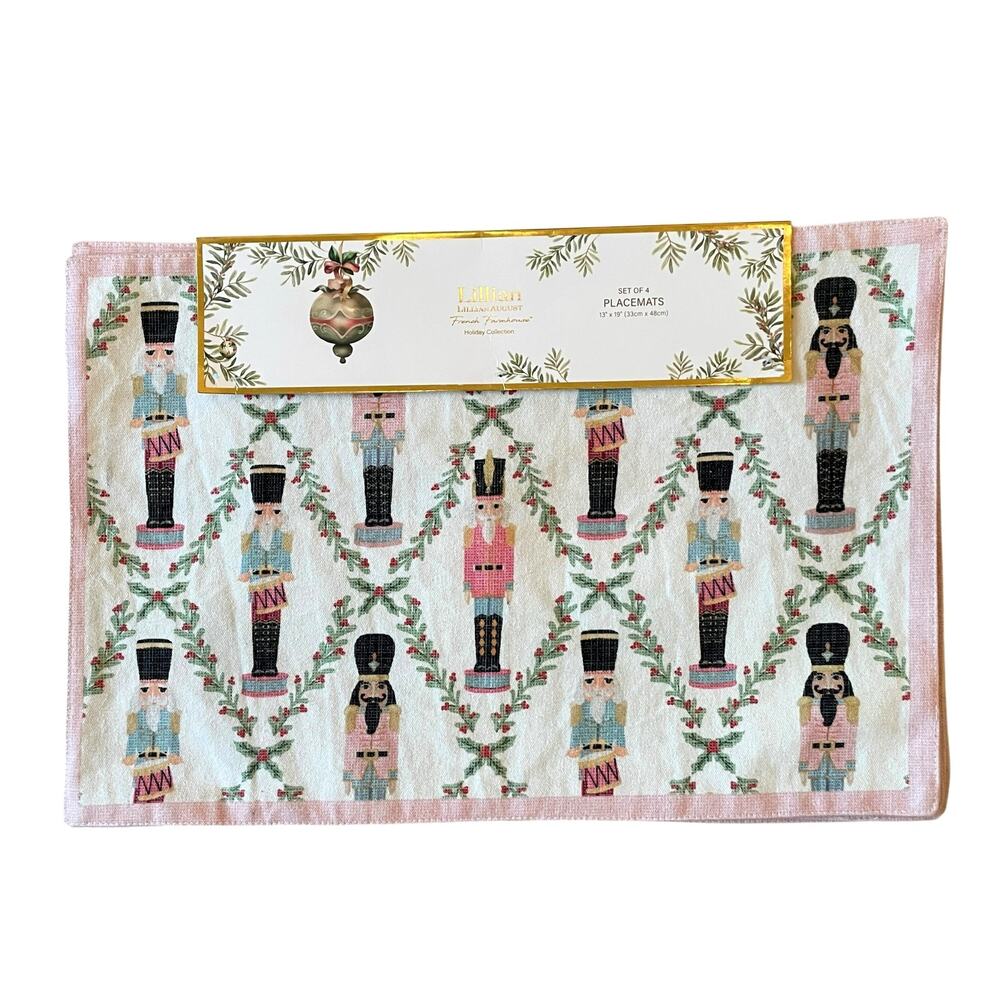 Lillian August Christmas Placemats 4pc NUTCRACKER DRUMMER BOY Pink Border New